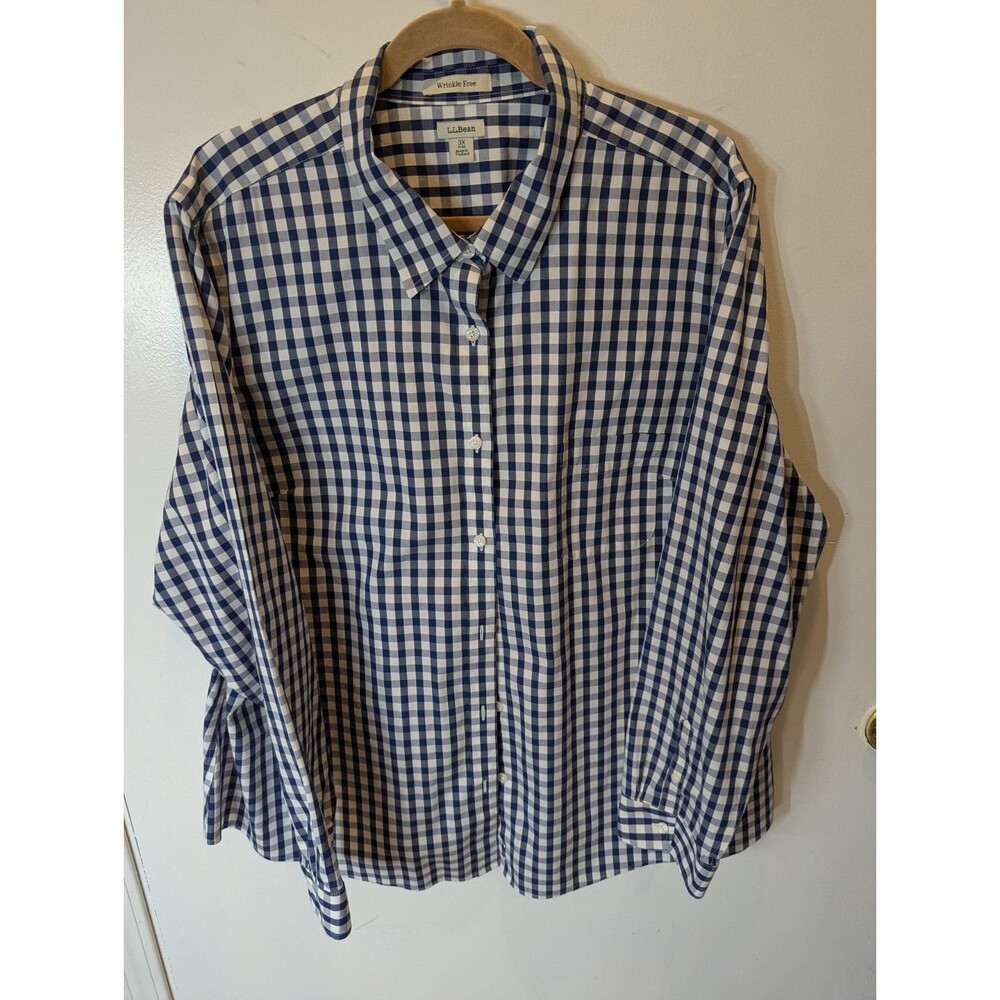 L.L.Bean Women’s 3X Plus Wrinkle Free Blue White Gingham Button Up Shirt Cotton